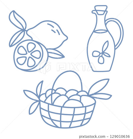 Set of italian food elements with lemon, olive oil and pastry. Set of italian food elements with lemon, olive oil and pastry. 129010636