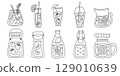 Set of drinks in doodle style. Hand drawn lemonade outline illustration. 129010639