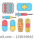 Medical equipment set. Pills, plasters and syringes. First aid kit. 129010642