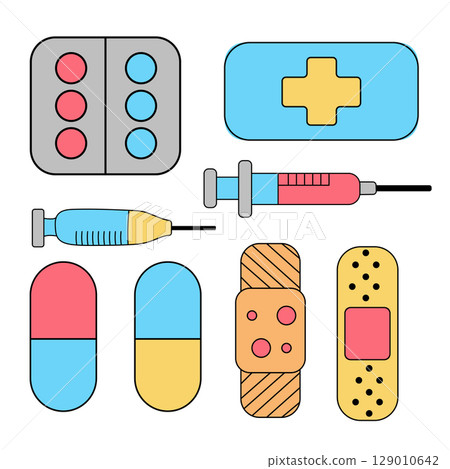 Medical equipment set. Pills, plasters and syringes. First aid kit. Medical equipment set. Pills, plasters and syringes. First aid kit. 129010642
