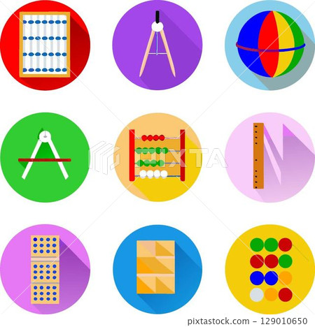collection of colorful math and geometry tools displayed in a grid pattern 129010650
