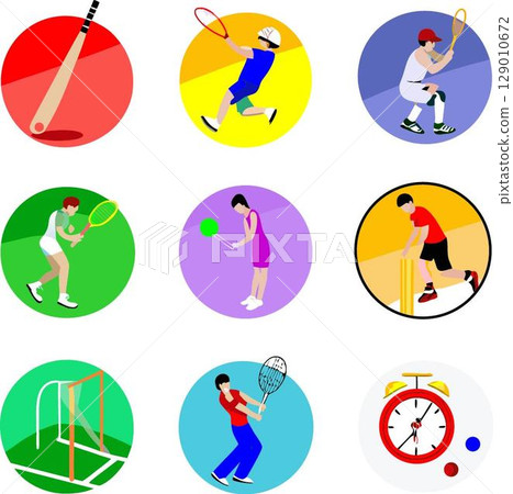 collection of nine circular icons depicting various sports and a timekeeping device 129010672