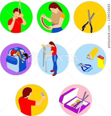 Illustration showing people using different tools and equipment in various circles 129010684