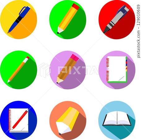 Flat design illustration of pens pencils and notebooks on colorful backgrounds 129010689