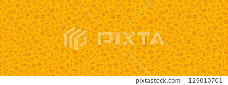 Back to School Seamless Pattern Banner Design with Hand Drawn Doodles in School Supplies Style on Yellow Background. Vector Education, Learning and Knowledge Illustration for Greeting Card, Flyer 129010701