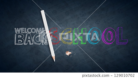 Welcome Back to School Design with White Pencil and Colorful Hand Drawn Typography Lettering on Black Chalkboard Background. Vector Education, Learning and Knowledge Illustration with Hand Drawn 129010702