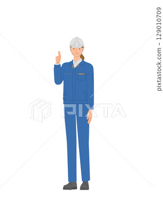 Business image: Smiling young woman wearing work clothes and a helmet: Good sign Business image: Smiling young woman wearing work clothes and a helmet: Good sign 129010709