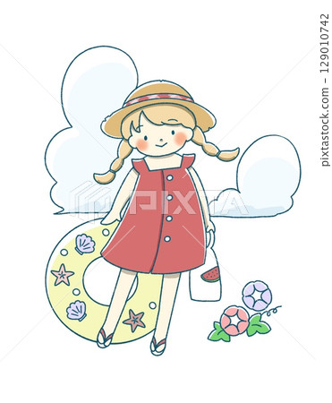 A girl in a straw hat going to the pool in summer A girl in a straw hat going to the pool in summer 129010742