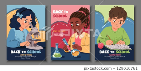 Kids Learning Activities. School Education Poster Set. Diverse Children Studying, are engaged in science and Writing. Flat Vector Illustrations for Teachers, school, E-Learning and Parenting Resources 129010761