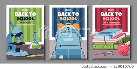 Back to school poster set. Flat Design banners with Backpack, microscope, stack of books on a striped background. Vector Illustration Pack for Teachers, E-Learning, online school, invitation, ads Back to school poster set. Flat Design banners with Backpack, microscope, stack of books on a striped background. Vector Illustration Pack for Teachers, E-Learning, online school, invitation, ads 129010769