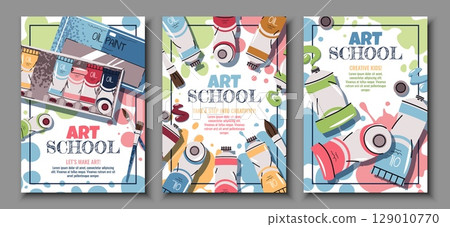 Art School Poster Set with Oil Paints and Brushes in Flat Design. Perfect for Art Classes, Creative Workshops, Online Courses, Social Media and Visual Branding Projects. Cover for flyer, invitation Art School Poster Set with Oil Paints and Brushes in Flat Design. Perfect for Art Classes, Creative Workshops, Online Courses, Social Media and Visual Branding Projects. Cover for flyer, invitation 129010770