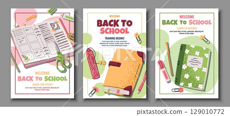 Back to School Poster Set with Open Books, Pens, Markers and Notebook in Flat Design. Ideal for Education, Classroom Decor, online Learning and Student Organization Projects. Cover for banner, flyer 129010772