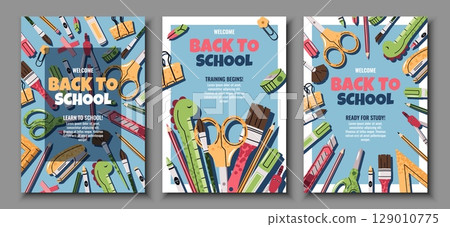 Back to School Poster Set with various pens, pencils and stationery in Flat Design. Ideal for Education, Classroom Decor, online Learning and Student Organization Projects. Cover for banner, flyer 129010775