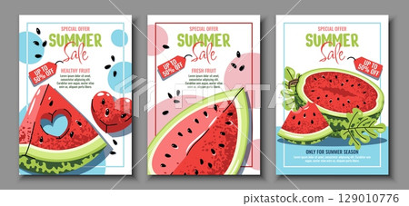 Watermelon Slice Sale Posters Set, Flat Design. Banners for Summer Promotions. Fresh Fruit Discount Templates for Supermarkets, Juice Bars, Food Marketing. Ideal for Social Media Ads, Retail Signage. Watermelon Slice Sale Posters Set, Flat Design. Banners for Summer Promotions. Fresh Fruit Discount Templates for Supermarkets, Juice Bars, Food Marketing. Ideal for Social Media Ads, Retail Signage. 129010776