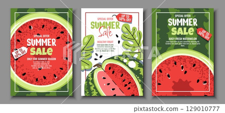 Watermelon Sale Posters Set in Flat Design. Banners for Summer Promotions. Fresh Fruit Designs for Food Marketing, Grocery Discounts, Cafe Menus. Perfect for Advertising, Social Media, Store Signage. 129010777