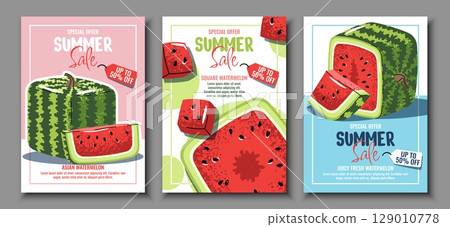 Square Watermelon Promo Posters Set, Flat Design. Unique Fruit Sale Templates for Summer sales, Grocery Marketing, Social Media Ads. Perfect for Asian Markets, Supermarkets, Fruit Shops. 129010778
