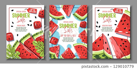 Watermelon Slice Sale Posters Set, Flat Design. Banners for Summer Promotions. Fresh Fruit Discount Templates for Supermarkets, Juice Bars, Food Marketing. Ideal for Social Media Ads, Retail Signage. Watermelon Slice Sale Posters Set, Flat Design. Banners for Summer Promotions. Fresh Fruit Discount Templates for Supermarkets, Juice Bars, Food Marketing. Ideal for Social Media Ads, Retail Signage. 129010779