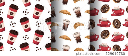 Coffee and Dessert Seamless Pattern Set with Flat Design. Ideal for Beverage Branding, Bakery Packaging, Social Media Graphics, Website Backgrounds and Print Projects. Texture for fabric, wallpaper 129010780