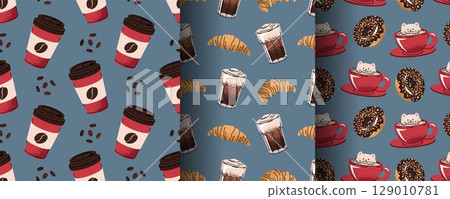 Coffee and Dessert Seamless Pattern Set with Flat Design. Ideal for Beverage Branding, Bakery Packaging, Social Media Graphics, Website Backgrounds and Print Projects. Texture for fabric, wallpaper Coffee and Dessert Seamless Pattern Set with Flat Design. Ideal for Beverage Branding, Bakery Packaging, Social Media Graphics, Website Backgrounds and Print Projects. Texture for fabric, wallpaper 129010781