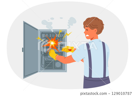 Man electrician is injured by electric shock while repairing electrical panel with transformers Man electrician is injured by electric shock while repairing electrical panel with transformers 129010787
