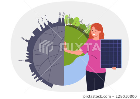 Woman ECO activist with solar panels near planet, calling for development of alternative energy 129010800