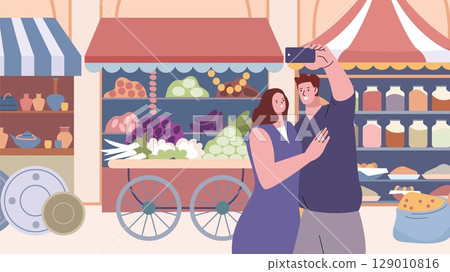 Vacation vibes. Couple doing selfie on arabian style market. Weekend market in city, tourism, leisure outside together. Cartoon characters vector scene Vacation vibes. Couple doing selfie on arabian style market. Weekend market in city, tourism, leisure outside together. Cartoon characters vector scene 129010816