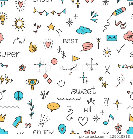 Tiny abstract elements seamless pattern. Backdrop with smile, hearts, arrows, japanese comic style. Fabric wallpaper print, vector background Tiny abstract elements seamless pattern. Backdrop with smile, hearts, arrows, japanese comic style. Fabric wallpaper print, vector background 129010818