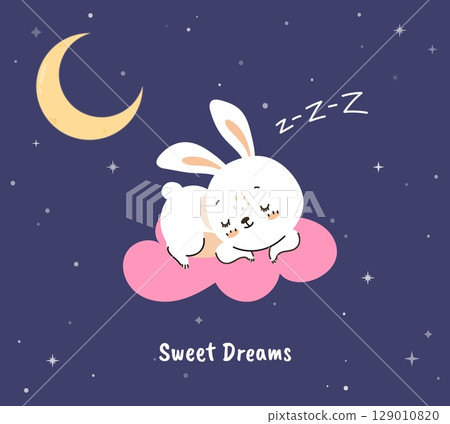 Sweet dreams card. Cute little bunny sleep on cloud in starry sky. Moonlight at night, bed dreamtime. Childish poster with animal, vector concept Sweet dreams card. Cute little bunny sleep on cloud in starry sky. Moonlight at night, bed dreamtime. Childish poster with animal, vector concept 129010820