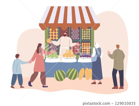 People buy fruits and vegetables from street vendor. Arabian style market stall, vacation or tourism characters. Seasonal sweet food, vector scene 129010835