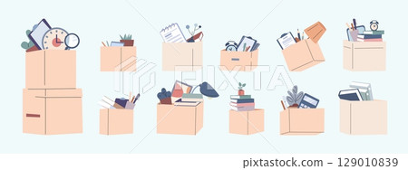 Paper boxes different rotations with things. Office or home accessories, folders with documents, books. Student or worker moving, vector set Paper boxes different rotations with things. Office or home accessories, folders with documents, books. Student or worker moving, vector set 129010839