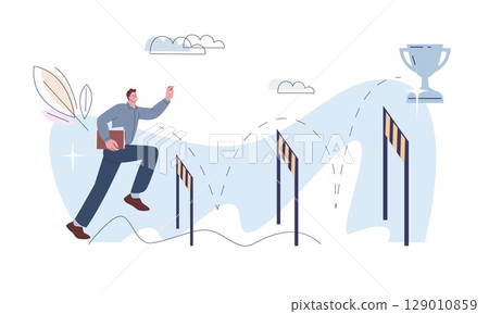Man start running to goal. Work race with hurdles, office worker overcoming barriers, difficulties and problems for success, vector concept 129010859