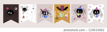 Halloween flags bunting garland. Spooky banners with creepy spiders. Freaky spider with book, witch elements, bat. Childish creatures, vector templates 129010862