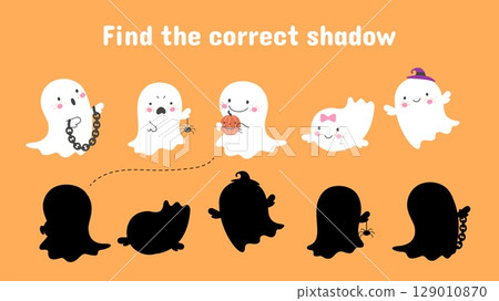 Find correct ghost shadow. Children educational game with funny cartoon ghosts. Halloween play with cute childish mascots, vector template 129010870