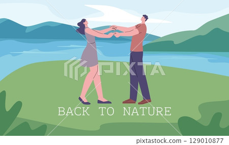 Back to nature concept. Young adults couple on green meadow. Happy man woman in love on valley with lake or river and mountains. Vacations vector scene 129010877