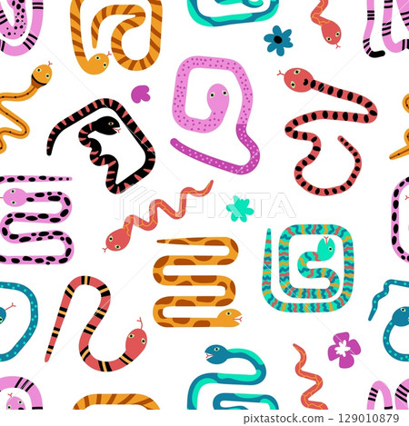 Abstract flat snakes seamless pattern. Different vibrant decorative snake, doodle drawing design. Print for fabric wallpaper web site, vector background Abstract flat snakes seamless pattern. Different vibrant decorative snake, doodle drawing design. Print for fabric wallpaper web site, vector background 129010879