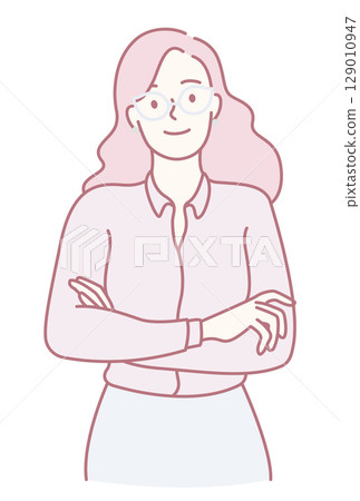 A confident young woman in a business outfit with arms crossed, projecting strength 129010947