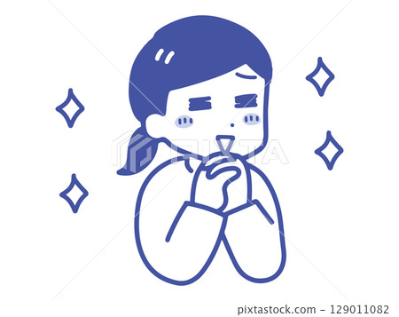 A young woman in casual clothes who is happy with her hands clasped (upper body, line drawing) A young woman in casual clothes who is happy with her hands clasped (upper body, line drawing) 129011082