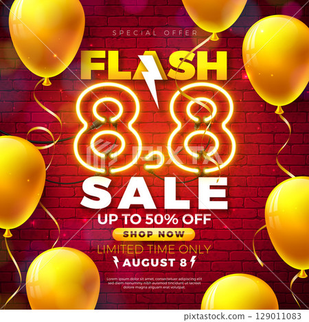 Flash Sale Shopping Day Illustration with 3d 8.8 Glowing Neon Light Number and Party Balloon on Vintage Brick Wall Background. Vector 8 August Special Offer Design for Promotional Coupon, Voucher Flash Sale Shopping Day Illustration with 3d 8.8 Glowing Neon Light Number and Party Balloon on Vintage Brick Wall Background. Vector 8 August Special Offer Design for Promotional Coupon, Voucher 129011083
