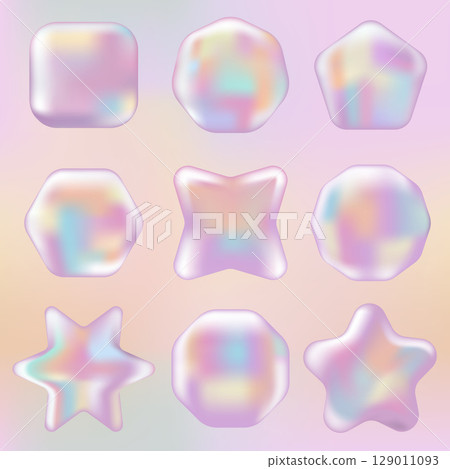 3D Pink Hologram Mockup set, stickers, labels, stamps with different shapes. Abstract Chrome badge, certificate and coupon in Y2K style on Gradient background. 129011093