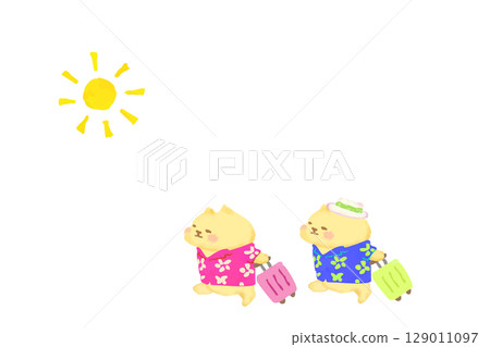 Summer resort trip: Watercolor illustration of a cute cat wearing an aloha shirt Summer resort trip: Watercolor illustration of a cute cat wearing an aloha shirt 129011097