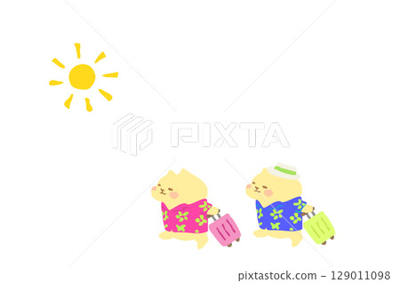 夏季度假之旅 — — 手繪插圖一隻戴著太陽和夏威夷襯衫的可愛貓咪 夏季度假之旅 — — 手繪插圖一隻戴著太陽和夏威夷襯衫的可愛貓咪 129011098