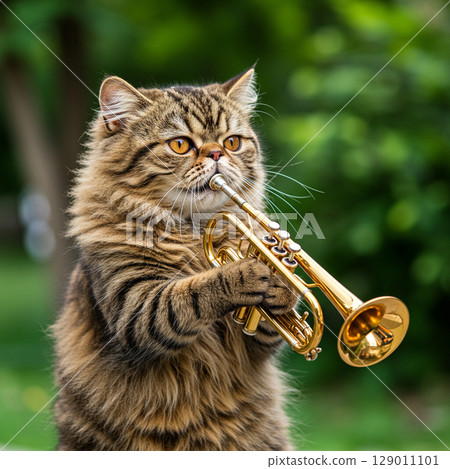 A long-haired cat playing a trumpet with a serious look and a natural background 129011101