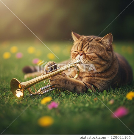 A cat playing a trumpet and a lawn with spring flowers 129011105