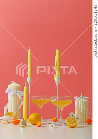 Colorful candles and refreshing lemon drinks create a festive vibe 129011245