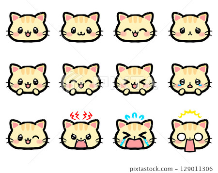 Cute tiger cat emotion face icon illustration set 129011306