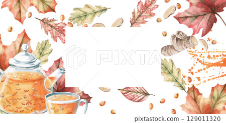 Rectangular frame with sea buckthorn-ginger tea, autumn leaves and berries. Isolated watercolor illustration on the theme of warming drinks for the design of a seasonal menu, culinary blogs. 129011320