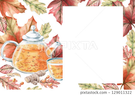 Rectangular frame with teapot with sea buckthorn tea, autumn leaves and ginger. Isolated watercolor illustration on the theme of warming drinks for the design of a seasonal menu, culinary blogs. 129011322