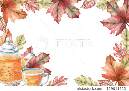 Rectangular frame with teapot and cup with sea buckthorn tea and autumn leaves. Isolated watercolor illustration on the theme of warming drinks for the design of a seasonal menu, culinary blogs. Rectangular frame with teapot and cup with sea buckthorn tea and autumn leaves. Isolated watercolor illustration on the theme of warming drinks for the design of a seasonal menu, culinary blogs. 129011323