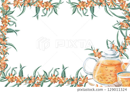 Rectangular frame with teapot and cup with sea buckthorn tea and ginger. Isolated watercolor illustration on the theme of warming drinks for the design of a seasonal menu, culinary blogs. Rectangular frame with teapot and cup with sea buckthorn tea and ginger. Isolated watercolor illustration on the theme of warming drinks for the design of a seasonal menu, culinary blogs. 129011324