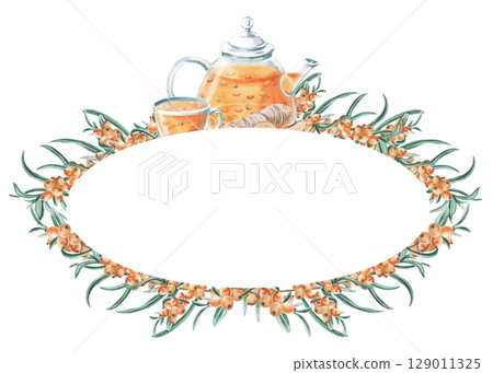Oval frame with teapot and cup with sea buckthorn tea and ginger. Isolated watercolor illustration on the theme of warming drinks for the design of a seasonal menu, culinary blogs. 129011325